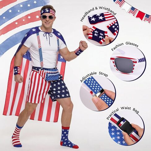 SOMSOC American Flag Men Patriotic 4th of July Set with Waist Bag Cape Headband Sunglasses Sock for Independence Labor Day in Kuwait