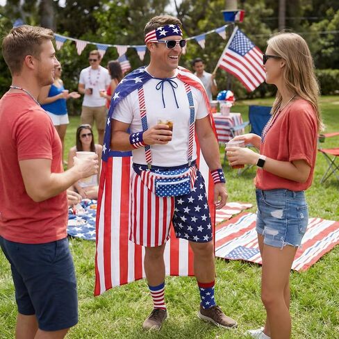 SOMSOC American Flag Men Patriotic 4th of July Set with Waist Bag Cape Headband Sunglasses Sock for Independence Labor Day in Kuwait