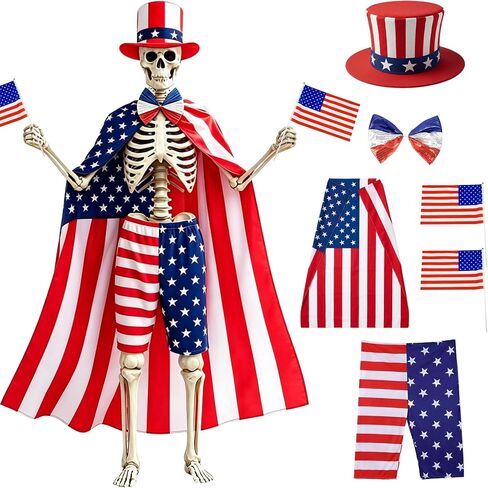 6 Pcs 4th of July 12 ft Skeleton Accessories Set Patriotic Outfit Includes Flag Cape, Top Hat, Bow Tie, Shorts, 2 Mini Flags Independence Day Garden Lawn Decor 250th Anniversary (Patriotic) in Saudi Arabia
