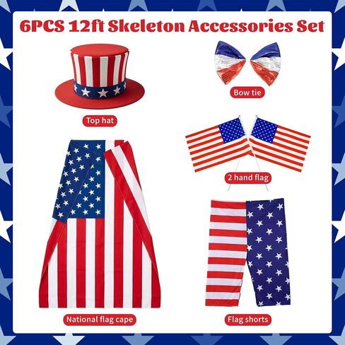 6 Pcs 4th of July 12 ft Skeleton Accessories Set Patriotic Outfit Includes Flag Cape, Top Hat, Bow Tie, Shorts, 2 Mini Flags Independence Day Garden Lawn Decor 250th Anniversary (Patriotic) in Saudi Arabia