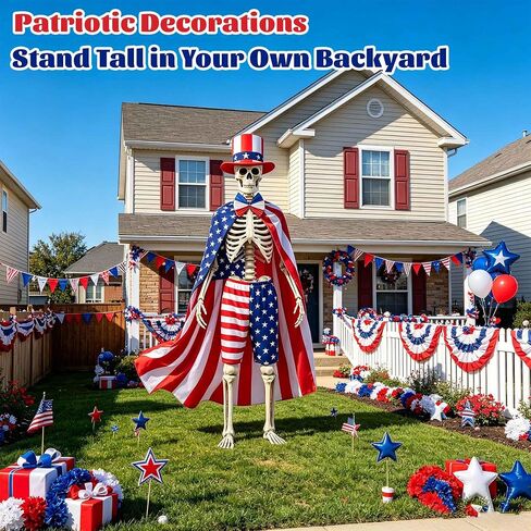 6 Pcs 4th of July 12 ft Skeleton Accessories Set Patriotic Outfit Includes Flag Cape, Top Hat, Bow Tie, Shorts, 2 Mini Flags Independence Day Garden Lawn Decor 250th Anniversary (Patriotic) in Saudi Arabia