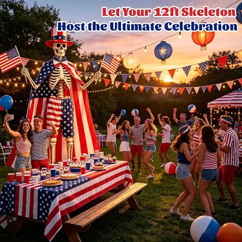 6 Pcs 4th of July 12 ft Skeleton Accessories Set Patriotic Outfit Includes Flag Cape, Top Hat, Bow Tie, Shorts, 2 Mini Flags Independence Day Garden Lawn Decor 250th Anniversary (Patriotic) in Saudi Arabia