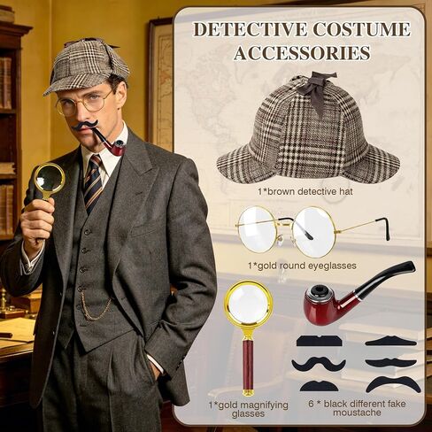 Detective Costume Accessories Set 10 PCS Detective Hat Halloween Cosplay Men Women Dress up Prop Adults Spy Outfit in Saudi Arabia