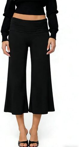 Seyurigaoka Fold Over Capri Gaucho Pants for Women Cropped Wide Leg Flowy Gauchos Low Rise Flare Yoga Palazzo Culottes in Kuwait