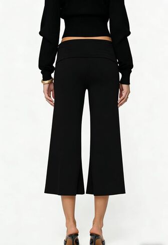 Seyurigaoka Fold Over Capri Gaucho Pants for Women Cropped Wide Leg Flowy Gauchos Low Rise Flare Yoga Palazzo Culottes in Kuwait