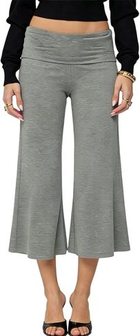 Seyurigaoka Fold Over Capri Gaucho Pants for Women Cropped Wide Leg Flowy Gauchos Low Rise Flare Yoga Palazzo Culottes in Kuwait