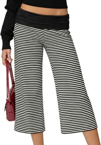 Seyurigaoka Fold Over Capri Gaucho Pants for Women Cropped Wide Leg Flowy Gauchos Low Rise Flare Yoga Palazzo Culottes in Kuwait