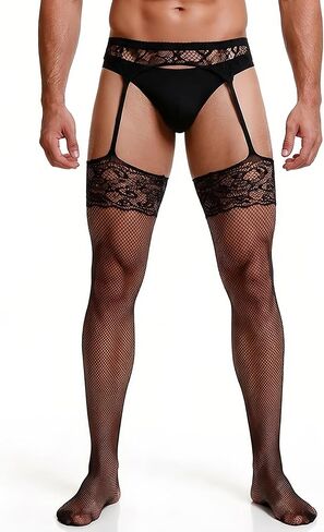 ohyeah Men's Fishnet Stockings Sexy Sissy Lingerie Lace Suspender Pantyhose for Men XS-5XL Plus Size Tights in Saudi Arabia