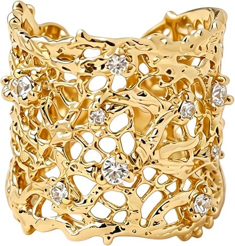 Rhinelife Luxury Statement Rings for Women, Unique Lace Hollow Out Open Adjustable Stackable Gold/Silver Ring with Sparkling CZ, Hypoallergenic Designer Inspired Jewelry Gift for Her in Saudi Arabia