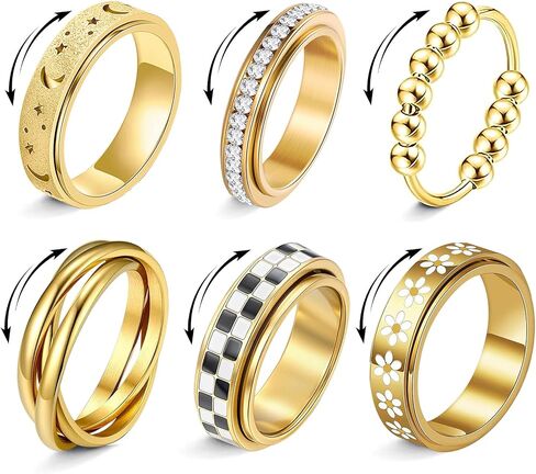 MUCAL 6pcs Fidget Rings for Anxiety for Women Gold Stainless Steel Spinner Ring Set Meditative Anxiety Ring with Flower Checkered Interlocked Moon Star Cubic Zirconia Bead Rings for Stress Relief in Saudi Arabia