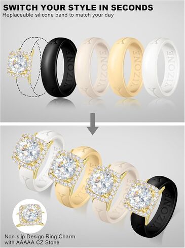 Silicone Ring with Stone Women’s Interchangeable Ring Charm with Silicone Bands Set–Comfortable Everyday Workout Ring, 4 Colors Included, Cubic Zirconia Halo Ring, Patent-Pending Design in Kuwait