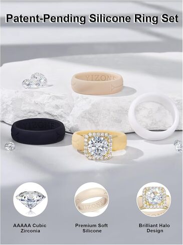 Silicone Ring with Stone Women’s Interchangeable Ring Charm with Silicone Bands Set–Comfortable Everyday Workout Ring, 4 Colors Included, Cubic Zirconia Halo Ring, Patent-Pending Design in Kuwait