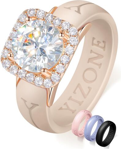 Silicone Ring with Stone Women’s Interchangeable Ring Charm with Silicone Bands Set–Comfortable Everyday Workout Ring, 4 Colors Included, Cubic Zirconia Halo Ring, Patent-Pending Design in Saudi Arabia