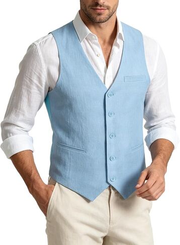 Linen Vest for Men Summer Lightweight V-Neck Linen Waistcoat Slim Fit Casual Suit Vest Wedding Beach Party in Saudi Arabia