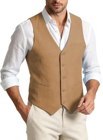 Linen Vest for Men Summer Lightweight V-Neck Linen Waistcoat Slim Fit Casual Suit Vest Wedding Beach Party in Saudi Arabia