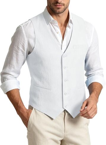 Linen Vest for Men Summer Lightweight V-Neck Linen Waistcoat Slim Fit Casual Suit Vest Wedding Beach Party in Saudi Arabia