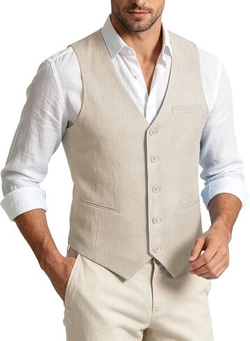 Linen Vest for Men Summer Lightweight V-Neck Linen Waistcoat Slim Fit Casual Suit Vest Wedding Beach Party in Saudi Arabia