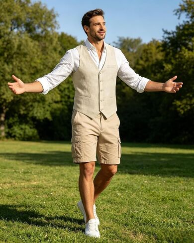 Linen Vest for Men Summer Lightweight V-Neck Linen Waistcoat Slim Fit Casual Suit Vest Wedding Beach Party in Saudi Arabia