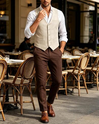 Linen Vest for Men Summer Lightweight V-Neck Linen Waistcoat Slim Fit Casual Suit Vest Wedding Beach Party in Saudi Arabia