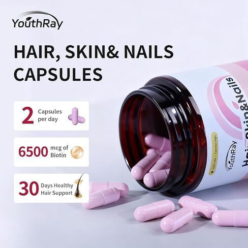 Hair, Skin and Nails Vitamins, Biotin for Women & Men 6500mcg per Serving-Vitamin b7 for Healthy Hair with Collagen and Keratin, Non-GMO,60 Capsules, 30 Day Supply in Kuwait