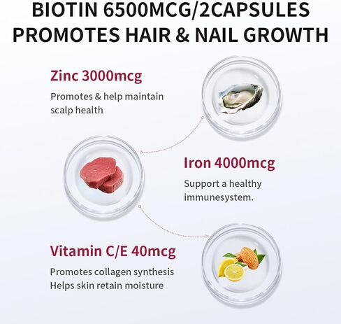 Hair, Skin and Nails Vitamins, Biotin for Women & Men 6500mcg per Serving-Vitamin b7 for Healthy Hair with Collagen and Keratin, Non-GMO,60 Capsules, 30 Day Supply in Kuwait