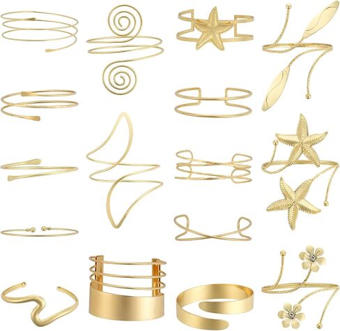 Draupnir 16 Pcs Gold Arm Cuff Upper Arm Gold Cuff Bracelets for Women, Stackable Arm Jewelry Open Adjustable Cuff Bracelet Set Minimalist Arm Bands Jewelry in Kuwait