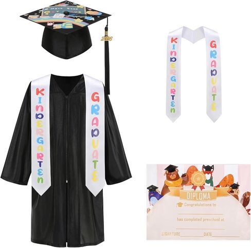 yolsun Kindergarten Graduation Cap and Gown 2026, 6 PCS Graduation Gown Printed Cap Set with Stole Sash in Kuwait