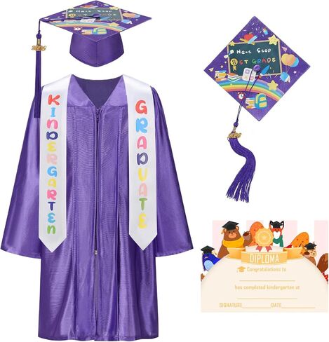 yolsun Kindergarten Graduation Cap and Gown 2026, 6 PCS Graduation Gown Printed Cap Set with Stole Sash in Kuwait