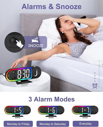 Projection Alarm Clock for Bedroom Ceiling, 8.5" Large Display Alarm Clock with 180° Rotatable Projector, 4 Brightness, 17 Ambient Light, Temp & Weekday, Snooze, Digital Clocks for Home Decor in Saudi Arabia