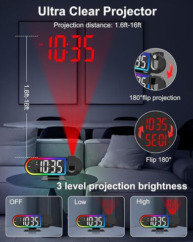 Projection Alarm Clock for Bedroom Ceiling, 8.5" Large Display Alarm Clock with 180° Rotatable Projector, 4 Brightness, 17 Ambient Light, Temp & Weekday, Snooze, Digital Clocks for Home Decor in Saudi Arabia
