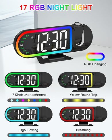 Projection Alarm Clock for Bedroom Ceiling, 8.5" Large Display Alarm Clock with 180° Rotatable Projector, 4 Brightness, 17 Ambient Light, Temp & Weekday, Snooze, Digital Clocks for Home Decor in Saudi Arabia