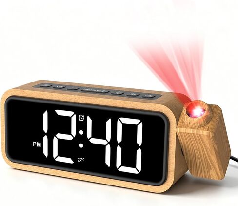 Netzu Wooden Projection Alarm Clock, Loud Digital Plug-in Clock with 180° Rotatable Projector, 5 Volumes, 12 Ringtones, Snooze for Bedroom Ceiling Wood Decor in Saudi Arabia