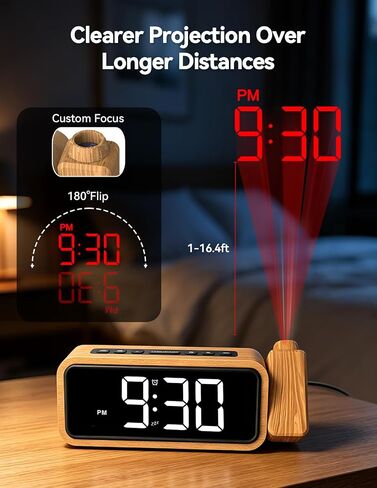 Netzu Wooden Projection Alarm Clock, Loud Digital Plug-in Clock with 180° Rotatable Projector, 5 Volumes, 12 Ringtones, Snooze for Bedroom Ceiling Wood Decor in Saudi Arabia