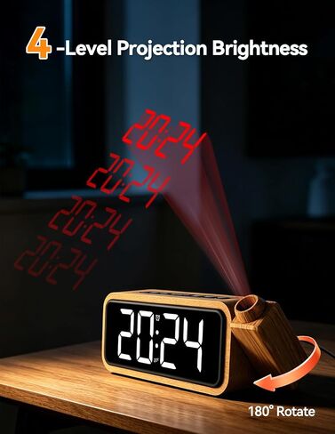 Netzu Wooden Projection Alarm Clock, Loud Digital Plug-in Clock with 180° Rotatable Projector, 5 Volumes, 12 Ringtones, Snooze for Bedroom Ceiling Wood Decor in Saudi Arabia