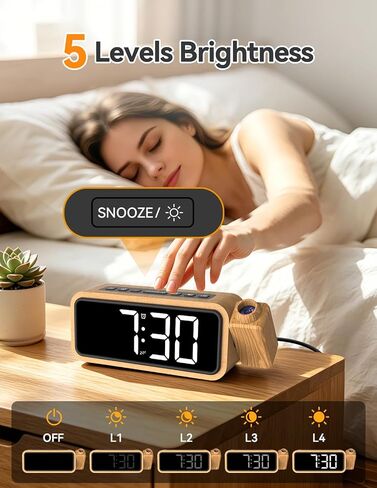 Netzu Wooden Projection Alarm Clock, Loud Digital Plug-in Clock with 180° Rotatable Projector, 5 Volumes, 12 Ringtones, Snooze for Bedroom Ceiling Wood Decor in Saudi Arabia