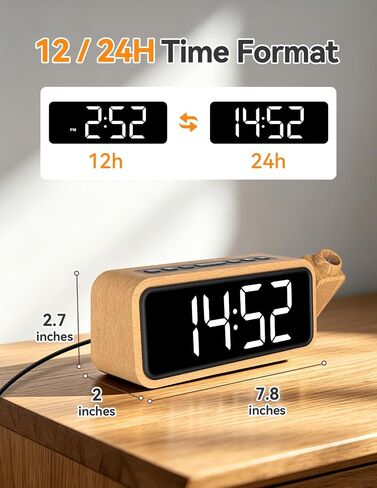 Netzu Wooden Projection Alarm Clock, Loud Digital Plug-in Clock with 180° Rotatable Projector, 5 Volumes, 12 Ringtones, Snooze for Bedroom Ceiling Wood Decor in Saudi Arabia