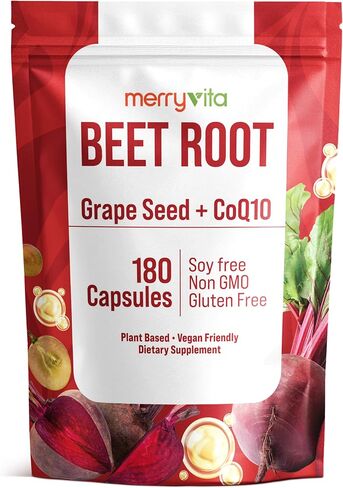 MERRY VITA Beet Root Capsules with Grape Seed & CoQ10 - Blood Pressure Support Supplement - Nitric Oxide Booster - Super Beets Supplement for Heart, Energy, Circulation - 180 Vegan Capsules, Non GMO in Saudi Arabia