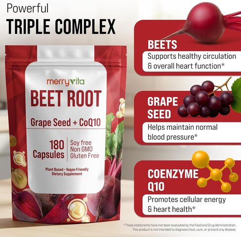 MERRY VITA Beet Root Capsules with Grape Seed & CoQ10 - Blood Pressure Support Supplement - Nitric Oxide Booster - Super Beets Supplement for Heart, Energy, Circulation - 180 Vegan Capsules, Non GMO in Saudi Arabia