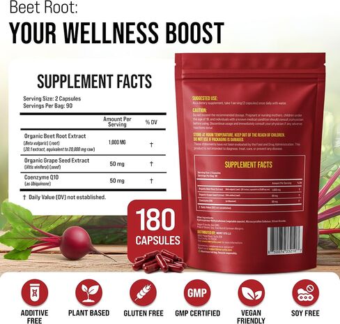 MERRY VITA Beet Root Capsules with Grape Seed & CoQ10 - Blood Pressure Support Supplement - Nitric Oxide Booster - Super Beets Supplement for Heart, Energy, Circulation - 180 Vegan Capsules, Non GMO in Saudi Arabia