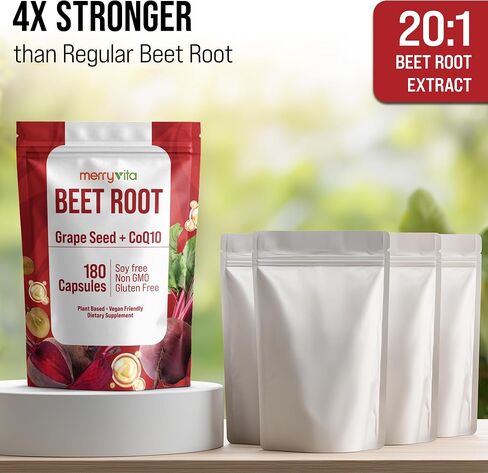 MERRY VITA Beet Root Capsules with Grape Seed & CoQ10 - Blood Pressure Support Supplement - Nitric Oxide Booster - Super Beets Supplement for Heart, Energy, Circulation - 180 Vegan Capsules, Non GMO in Saudi Arabia
