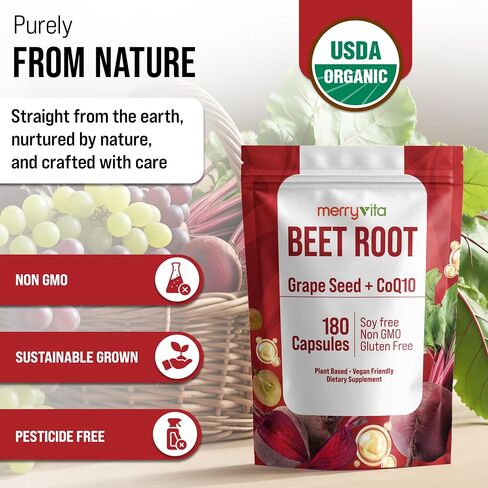MERRY VITA Beet Root Capsules with Grape Seed & CoQ10 - Blood Pressure Support Supplement - Nitric Oxide Booster - Super Beets Supplement for Heart, Energy, Circulation - 180 Vegan Capsules, Non GMO in Saudi Arabia