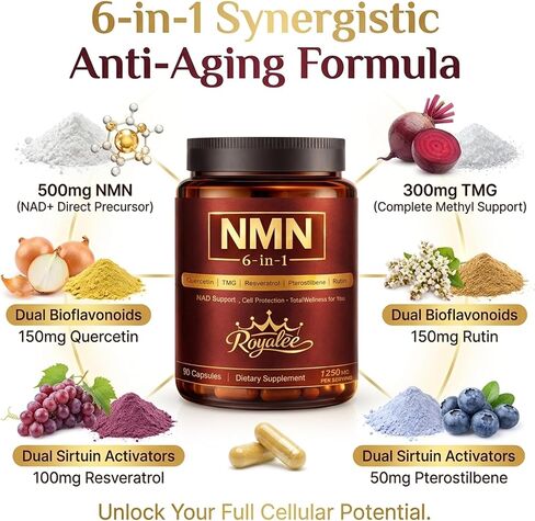 6-in-1 NMN NAD Supplement 1250mg - Enhanced with Resveratrol, Pterostilbene, Quercetin & TMG | NAD+ Support & Optimizer for Cellular Energy, Anti-Aging & DNA Repair - 90 Capsules in Saudi Arabia