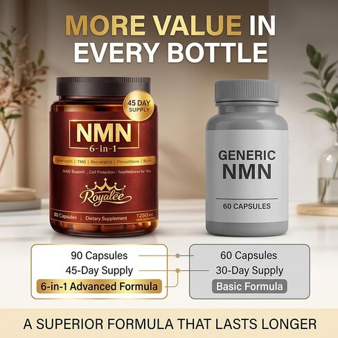 6-in-1 NMN NAD Supplement 1250mg - Enhanced with Resveratrol, Pterostilbene, Quercetin & TMG | NAD+ Support & Optimizer for Cellular Energy, Anti-Aging & DNA Repair - 90 Capsules in Saudi Arabia