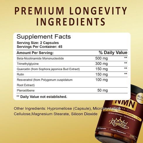 6-in-1 NMN NAD Supplement 1250mg - Enhanced with Resveratrol, Pterostilbene, Quercetin & TMG | NAD+ Support & Optimizer for Cellular Energy, Anti-Aging & DNA Repair - 90 Capsules in Saudi Arabia