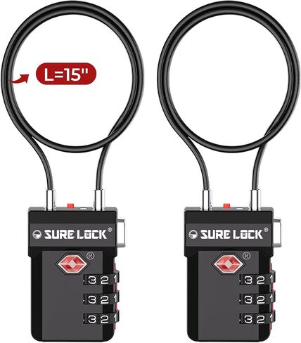 SURE LOCK TSA Approved Luggage Locks – 3-Digit Combination Cable Lock with Red Indicator, Large Dial & Easy-Press Button for Suitcases and Backpacks – Multi-Pack & Color Options (2, Extra Long Cable) in Saudi Arabia