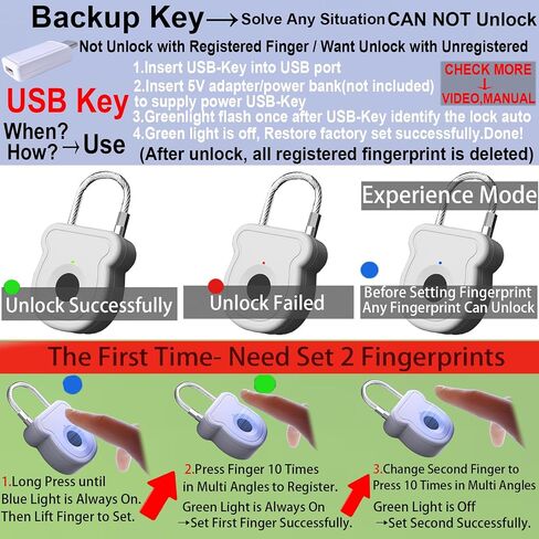 Fingerprint Padlock, 20-User Biometric Lock with Emergency USB Key & Code for Gym Locker, Luggage, Backpacks, Keyless Lock for School, Office, Travel, Dorm, Cabinet, Toolbox & More Indoor in Saudi Arabia