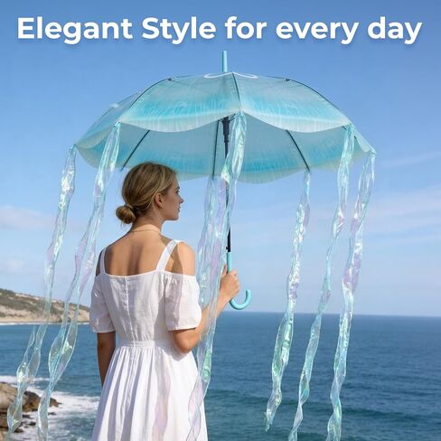 MOAY Jellyfish Umbrella - Cute Clear Transparent Automatic Open Umbrella For Rain - Hanging Jellyfish Style Clear With J Hook Handle Birthday Gifts For Women & Gifts For Girls in Saudi Arabia