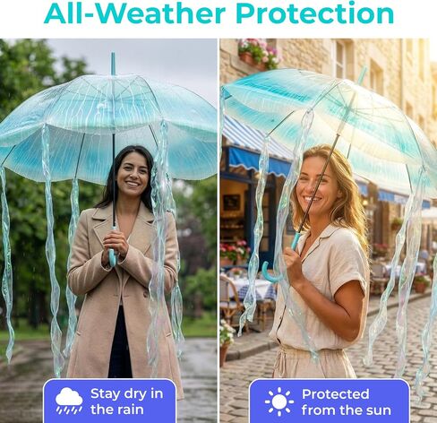 MOAY Jellyfish Umbrella - Cute Clear Transparent Automatic Open Umbrella For Rain - Hanging Jellyfish Style Clear With J Hook Handle Birthday Gifts For Women & Gifts For Girls in Saudi Arabia
