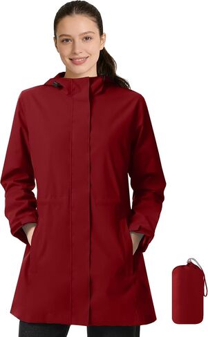 Women's Waterproof Rain Jacket Long Hooded Raincoat Lightweight Packable Windbreaker Solid Lined Trench Coat in Kuwait