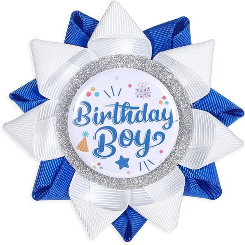 Handmade Birthday Boy Pin Button, White Blue Grosgrain Ribbon Happy Birthday Ribbon Pin Glitter Happy Birthdays Boy Badge Pins Decorations for Men Boys Birthdays Party Supplies in Kuwait